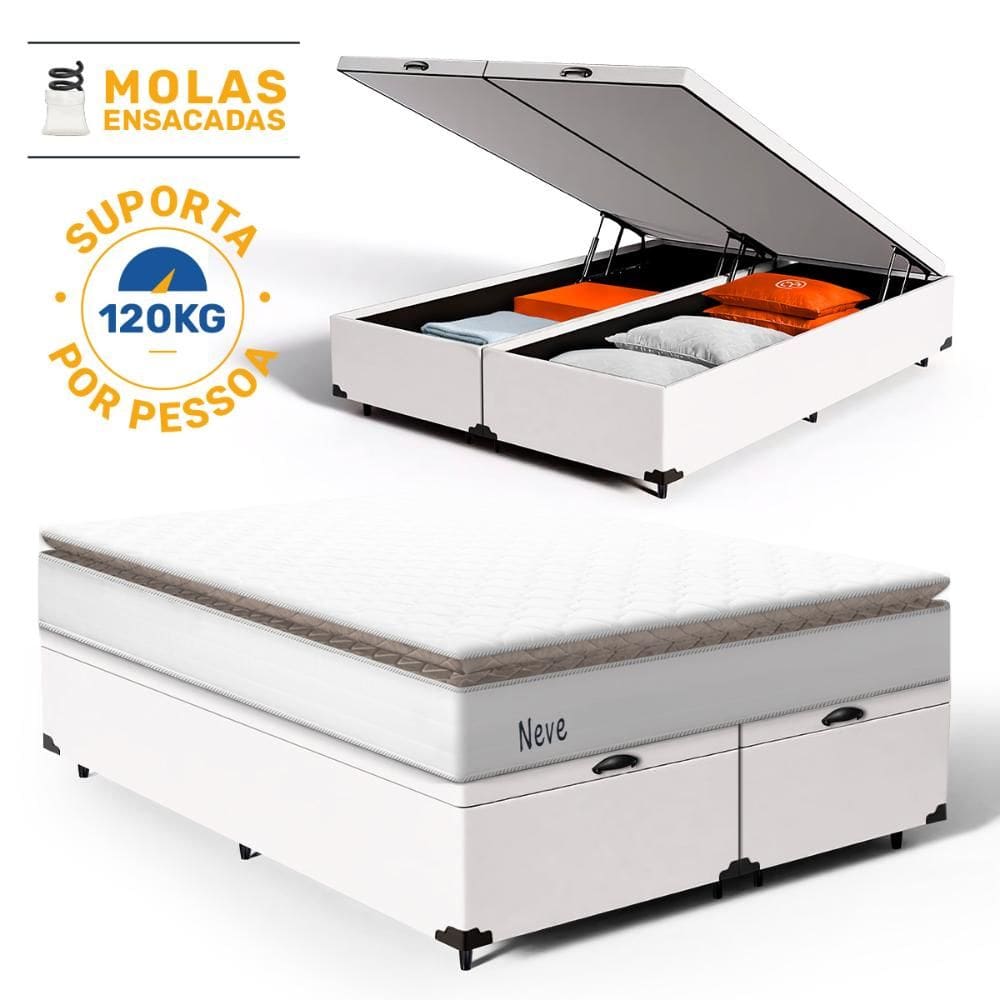 Cama Box Baú com Colchão de Molas Ensacadas Pillow Top Neve Queen 158cm