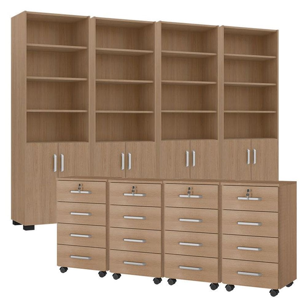 Kit 4 Gaveteiros para Escritório Gávea com Chave e 4 Livreiros Office Portas Pequenas Freijó Fosco - Móveis Leão