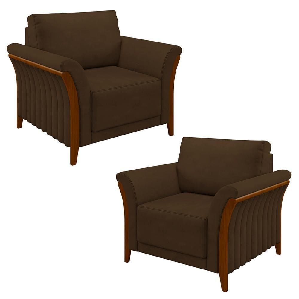 Kit 2 Poltronas Decorativas Sala De Estar 102cm Pés Madeira Roya M22 Veludo Marrom - Mpozenato