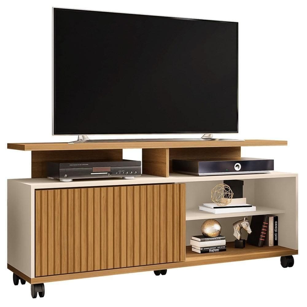 Rack Bancada Para Até 52 Pol. Com Rodízios 1 Porta Topázio Cinamomo/off White/ripado - Bechara