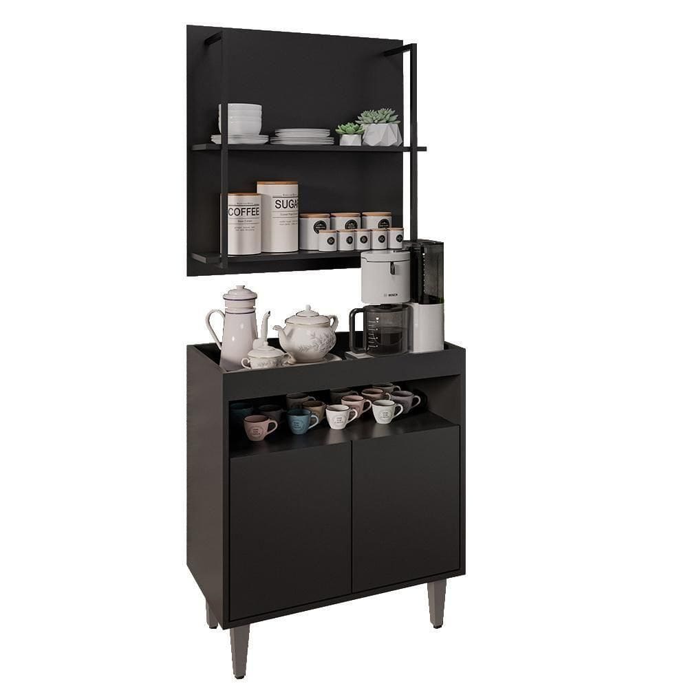 Aparador Cantinho Do Café E Painel 2 Prateleiras Flora M24 Preto - Mpozenato