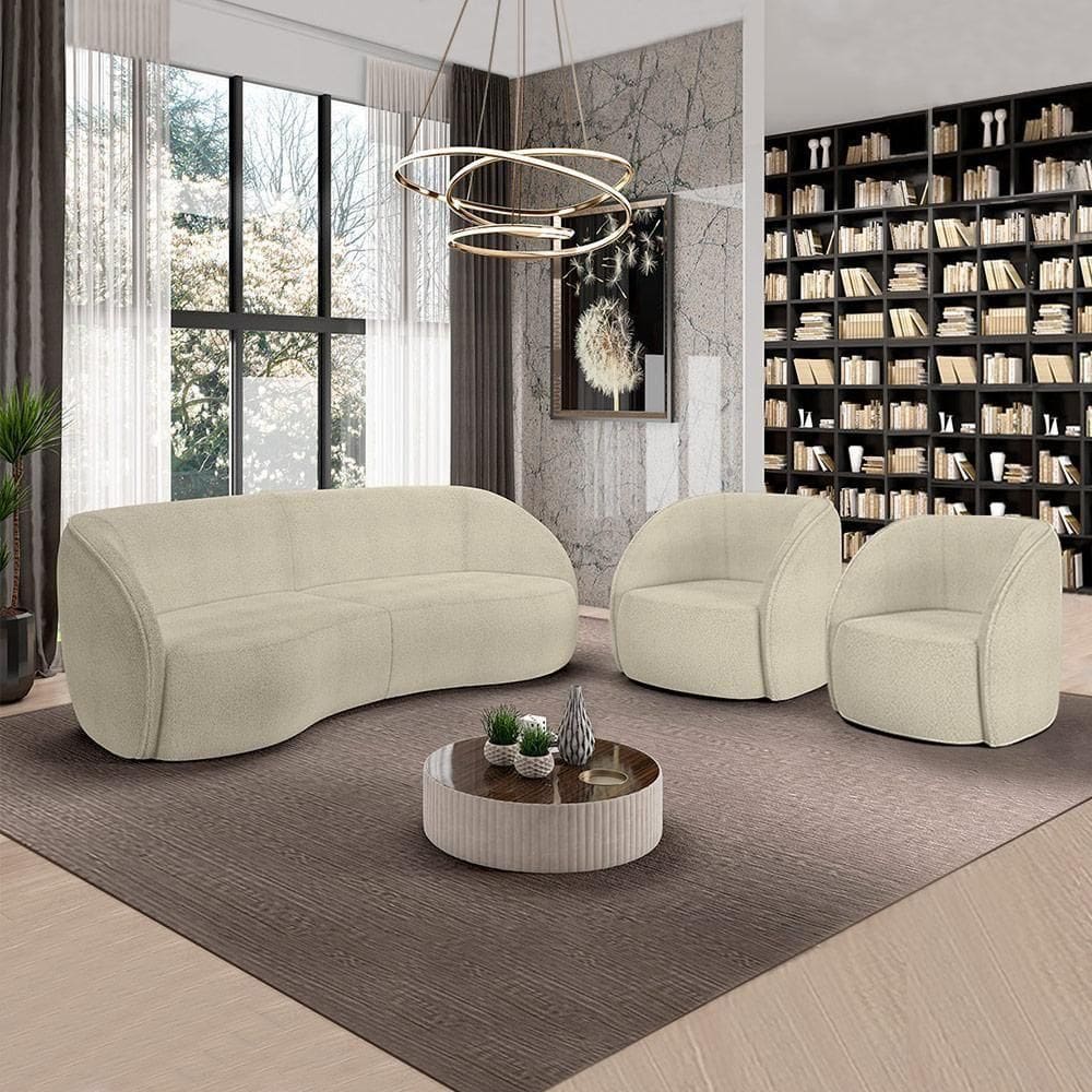 Conjunto Sofá Sala De Estar Bipartido 288cm E 2 Poltronas Clarke Bouclê Bege G45 - Gran Belo
