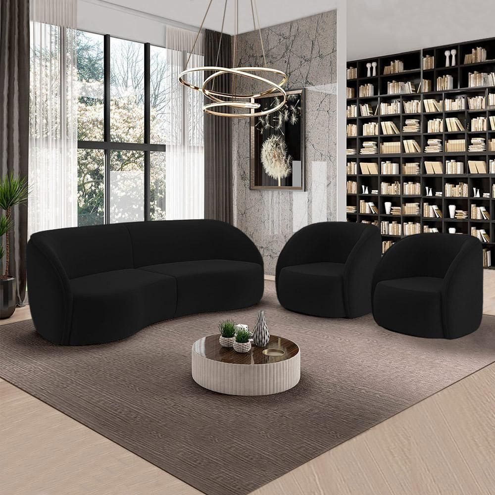 Conjunto Sofá Sala De Estar Bipartido 318cm E 2 Poltronas Clarke Veludo Preto G45 - Gran Belo