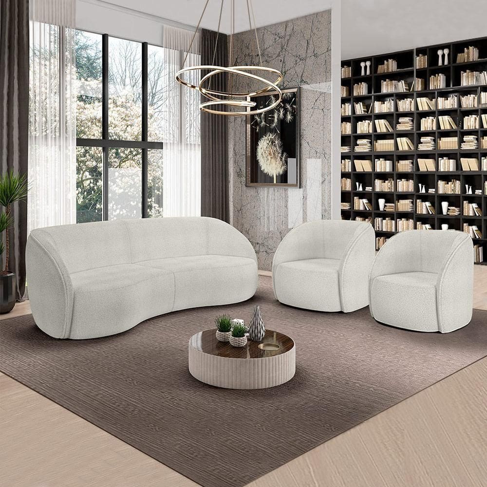 Conjunto Sofá Sala De Estar Bipartido 318cm E 2 Poltronas Clarke Bouclê Offwhite G45 - Gran Belo
