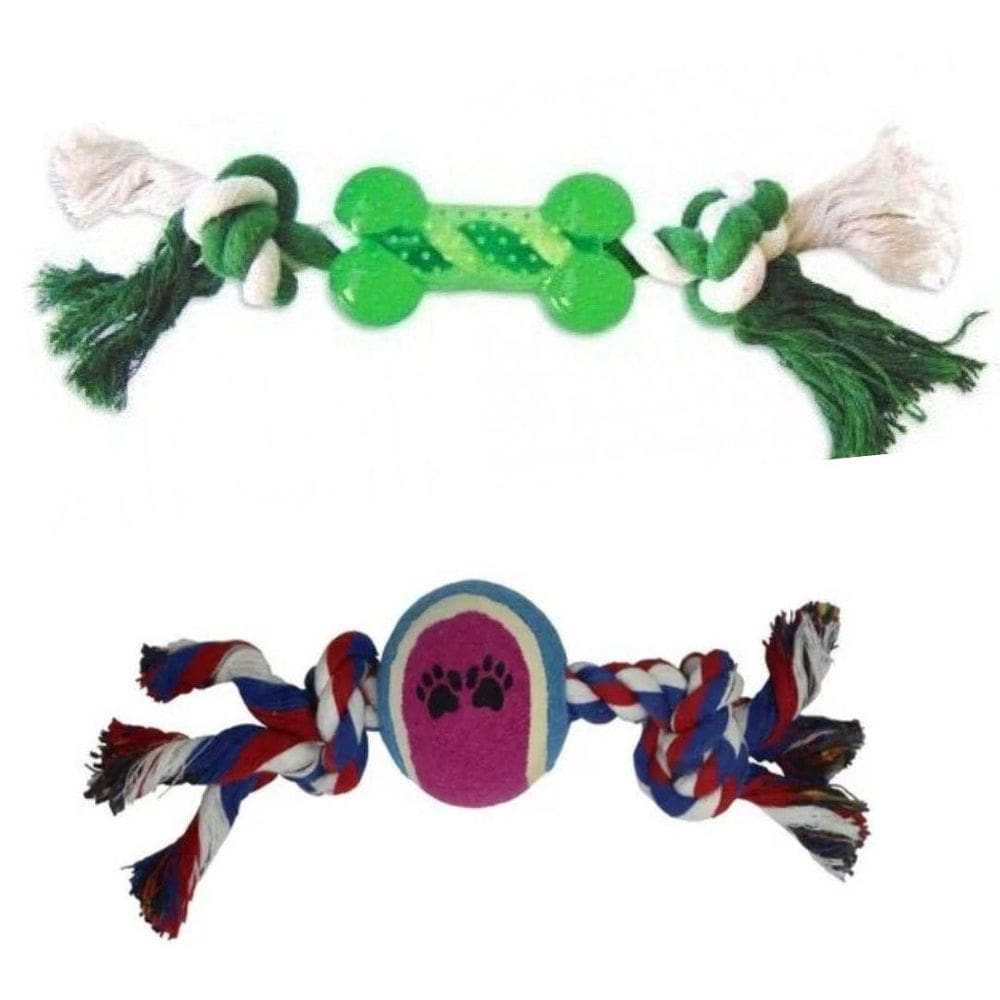 Kit 2 Brinquedos De Corda Com Ossinho E Bola Tênis Para Cães