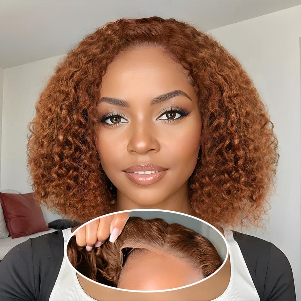 Perucas frontais de renda sem cola, cabelo humano Bob 8\", 180% de densidade, ruivo