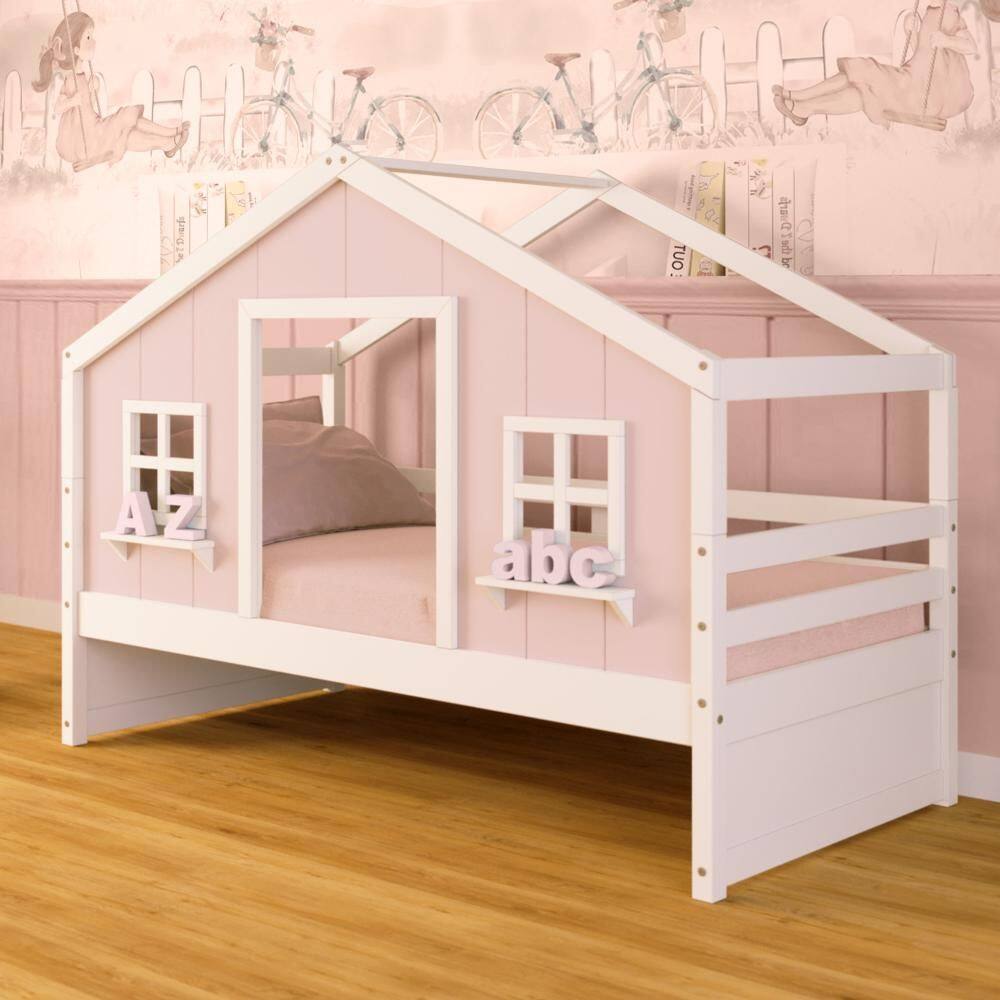 Cama Casinha dos Sonhos Madeira Maciça Rosa/ Branco Megamobilia
