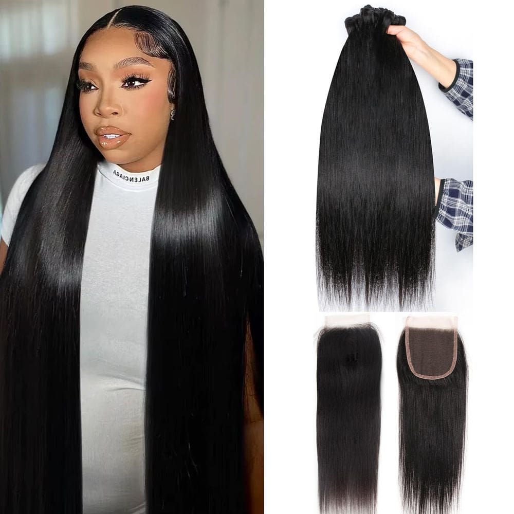 Pacotes de cabelo e fecho IQOMOQ Brazilian Virgin Hair Straight