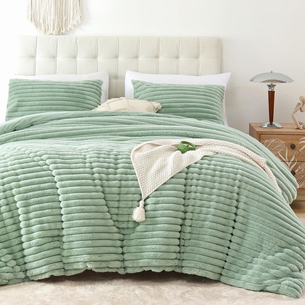 Conjunto de edredom Smoofy Fluffy, tamanho completo, lã verde sálvia, 3 peças