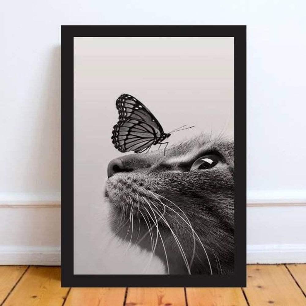 Quadro Decorativo Gato Com Borboleta 45X34Cm