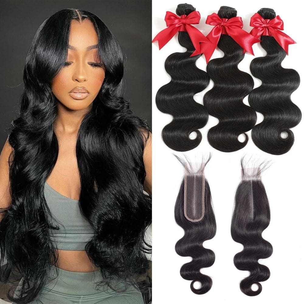 Pacotes de cabelo e fecho YIBUSI 12A Brazilian Body Wave 70-76-80cm