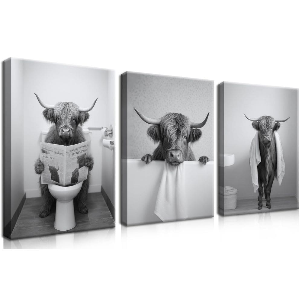 Conjunto de impressões de pôsteres em tela Funny Bathroom Highland Cow x3
