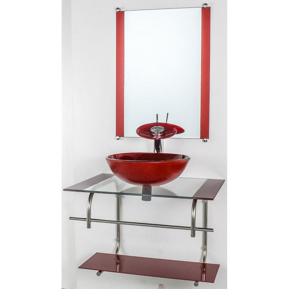 Gabinete De Vidro P/Banheiro Inox 60Cm Cuba Redonda Vermelho
