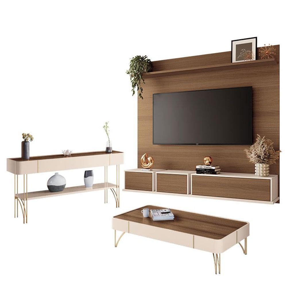 Home Suspenso Max e Aparador Vivant e Mesa Cadenza Castanho Off White - HB Móveis