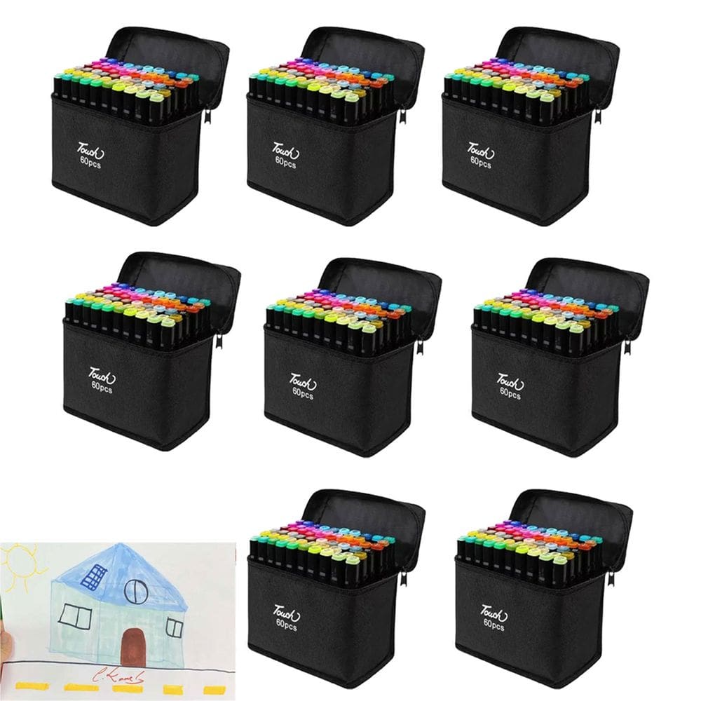 Estojo Canetinhas 60 Cores Canetas Marcador Permanente Ponta Dupla Kit 8 Unidades Desenho Pintura Arte Escola Faculdade Curso Trabalho