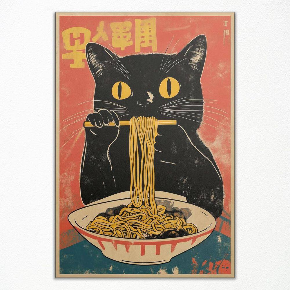 Pôster Nanxiwofee Vintage Japanese Cat Eating Ramen 40x60cm