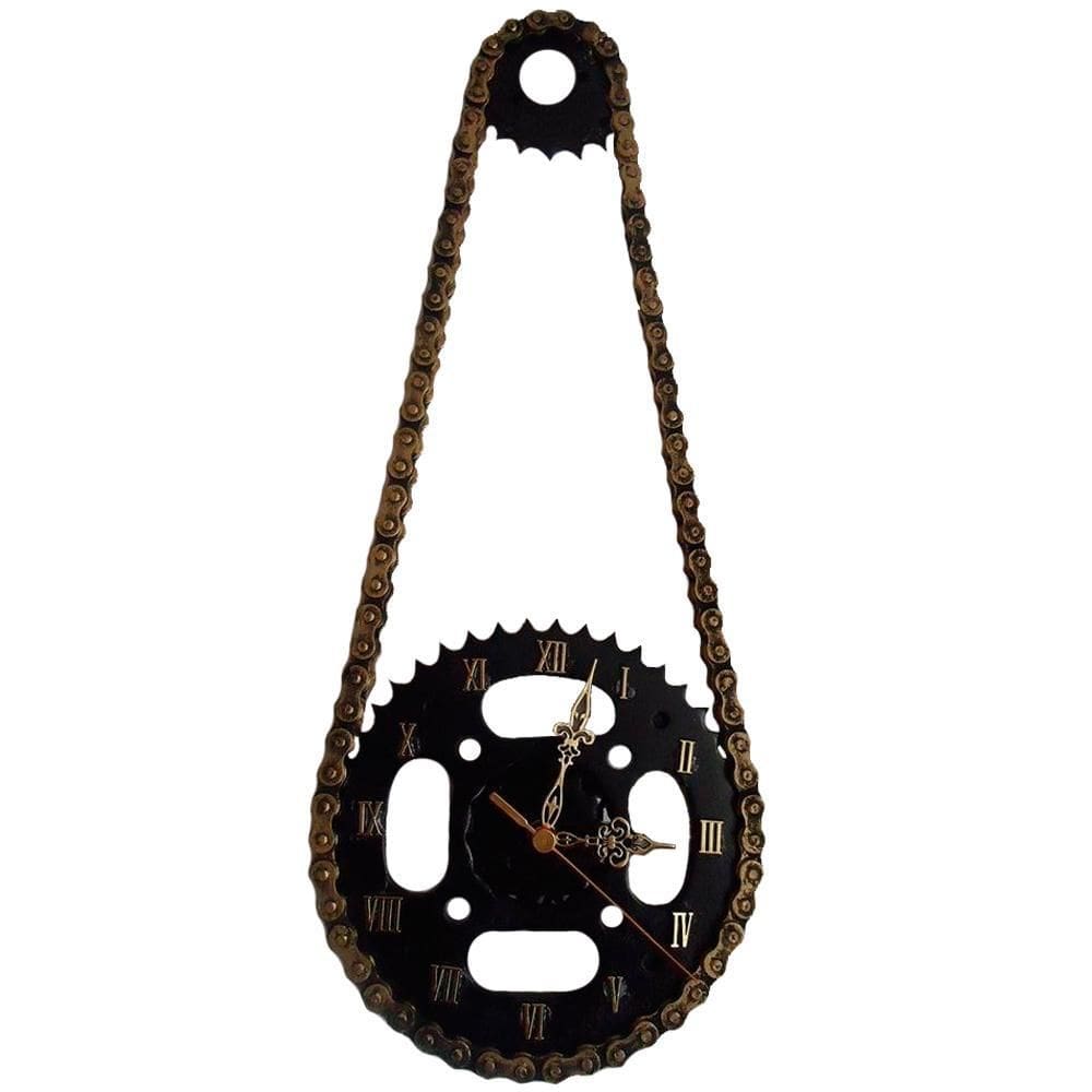 Relógio De Parede Moto Corrente E Coroa Aço Black Gold