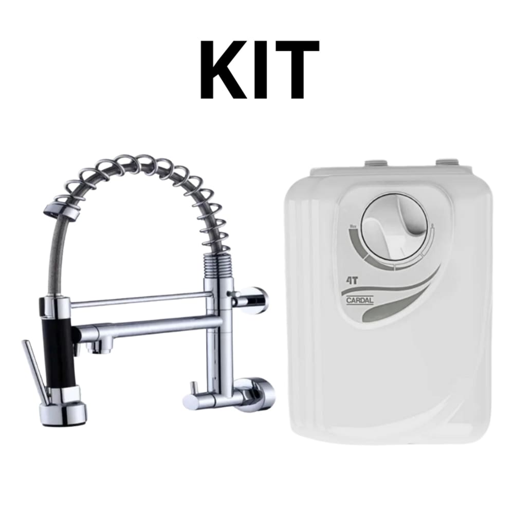 Kit Torneira Monocomando de Parede Cromada Cozinha + Aquecedor Cardal 4T 6400W 220V