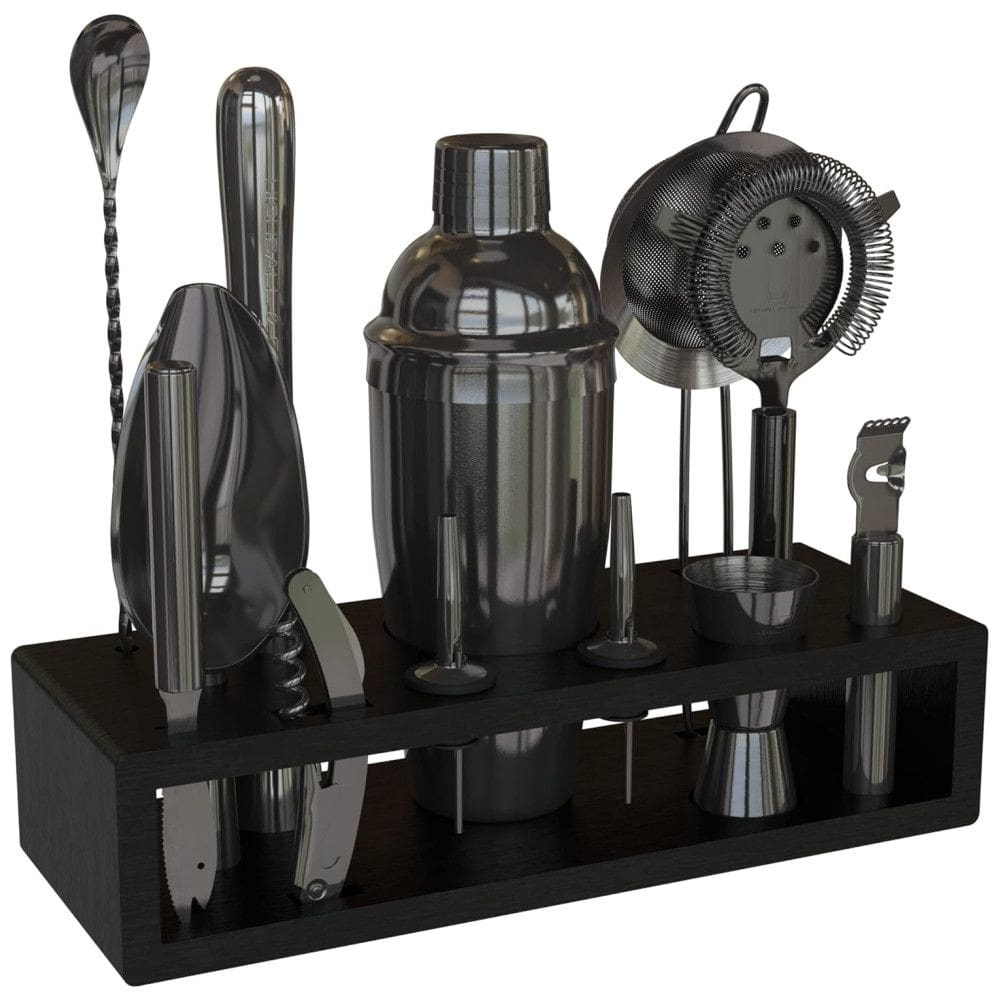 Highball Chaser Kit Bn Profissional 13 Peças em Aço Inoxidável com Suporte de Bambu e Livro de Receitas, Preto