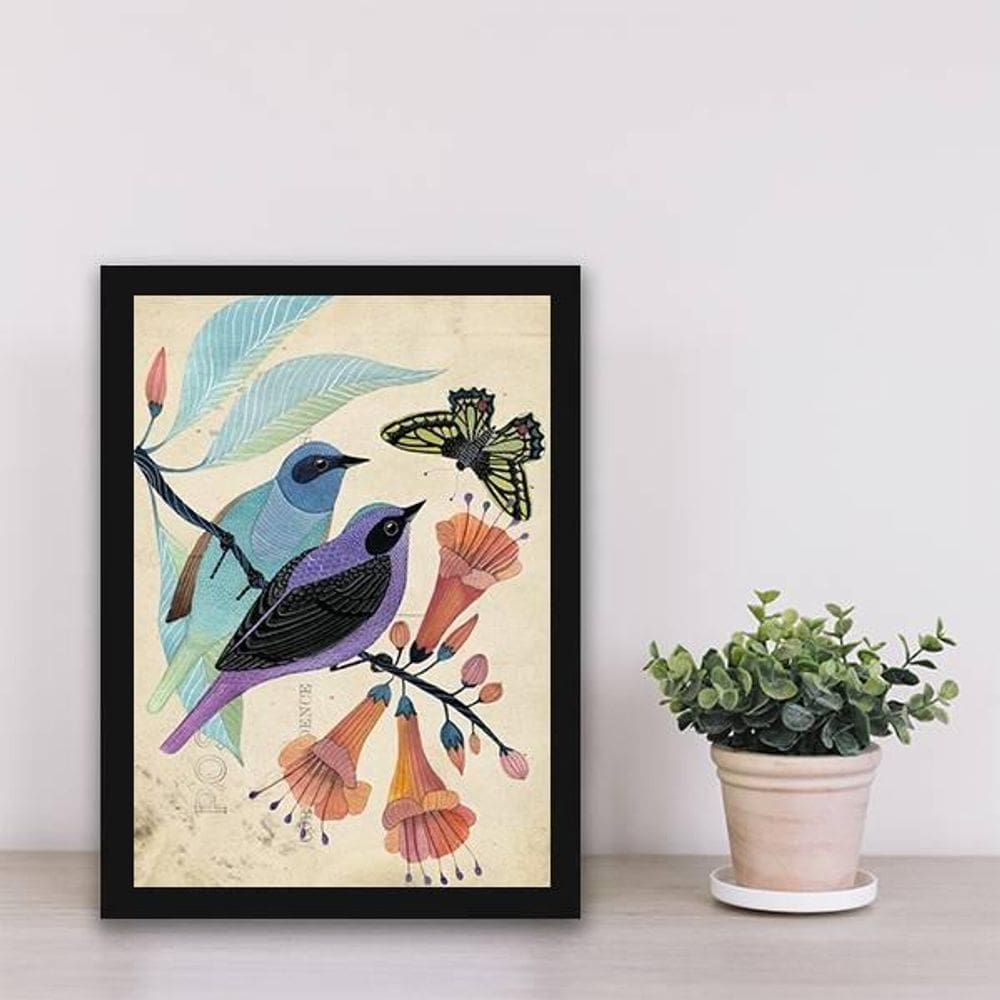 Quadro Casal De Passarinhos 24X18Cm Com Vidro Madeira Preta