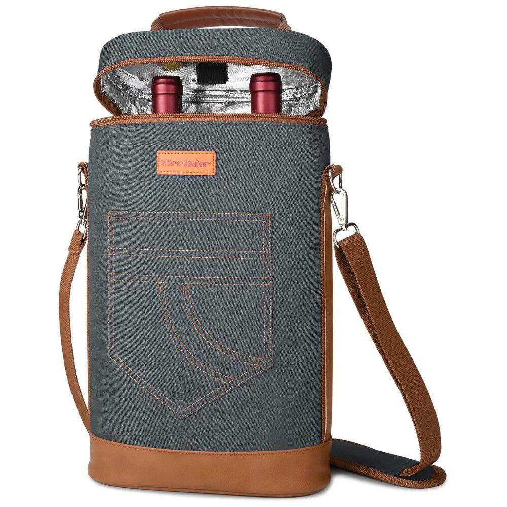 Bolsa Térmica Para Transporte de Vinhos até 2 Garrafas com Alça Ajustável, TIRRINIA, Cinza