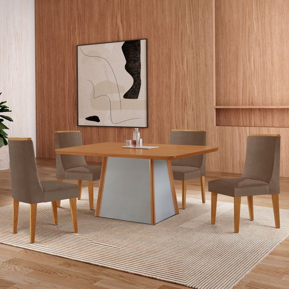Mesa Merlim 120 Tampo Mdf Canto Copo e 4 Cadeiras Sena Capucino / Naturalle / Off White