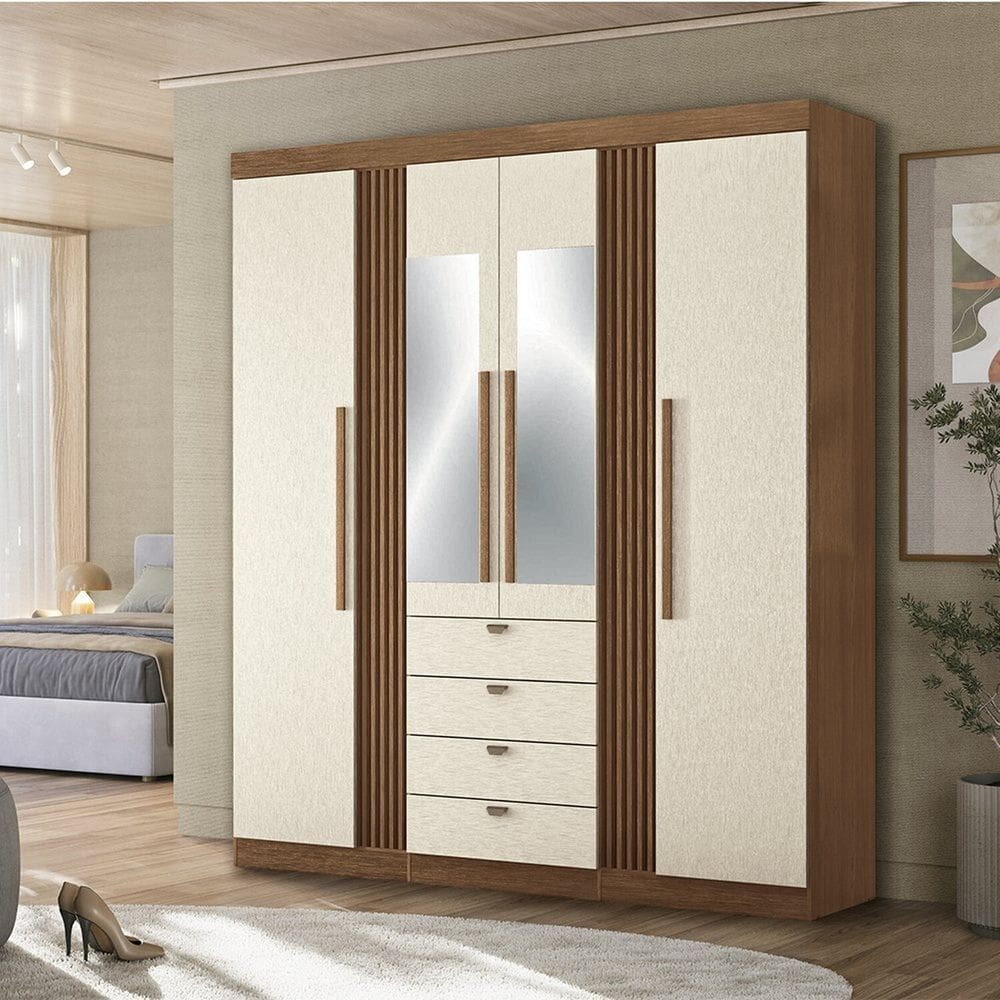 Guarda-roupa 4 Portas 4 Gavetas com Espelho Mdp Aurora Jatobá/ Areia