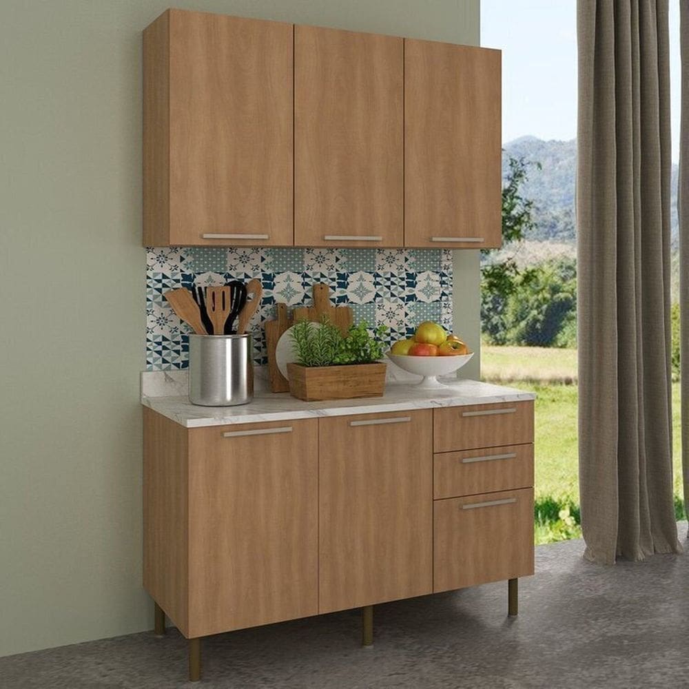 Cozinha Compacta 120cm 2 Peças, 5 Portas e 3 Gavetas Freijó