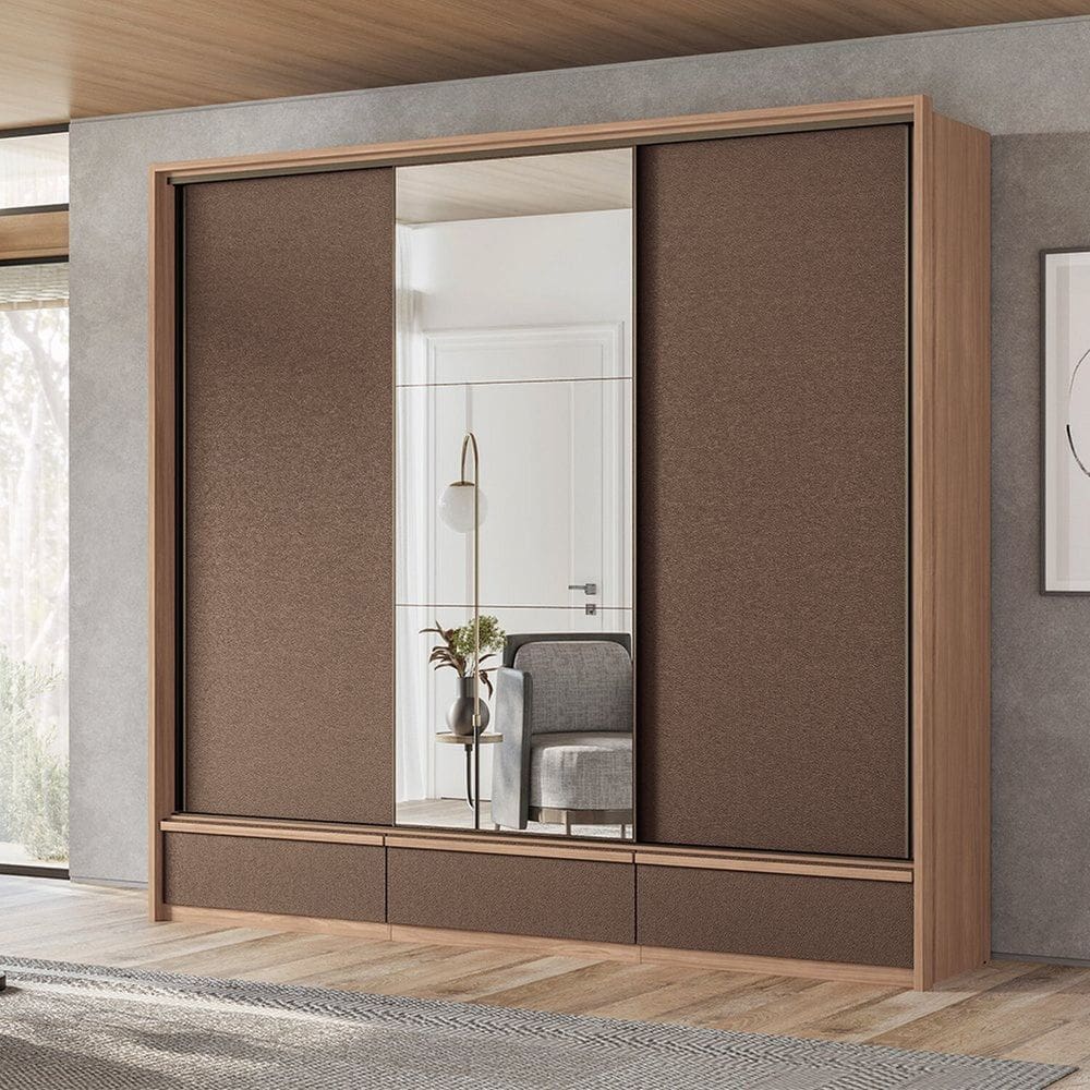 Guarda-roupa 03 Portas de Correr 5 Gavetas Mdp Milan Wood /Terracota