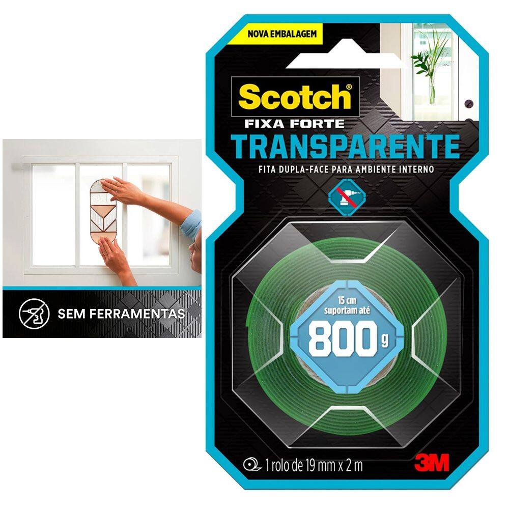 Fita Dupla Face Transparente 3M™ Scotch® Fixa Forte 12mm x 2m Uso Interno Alta Fixação