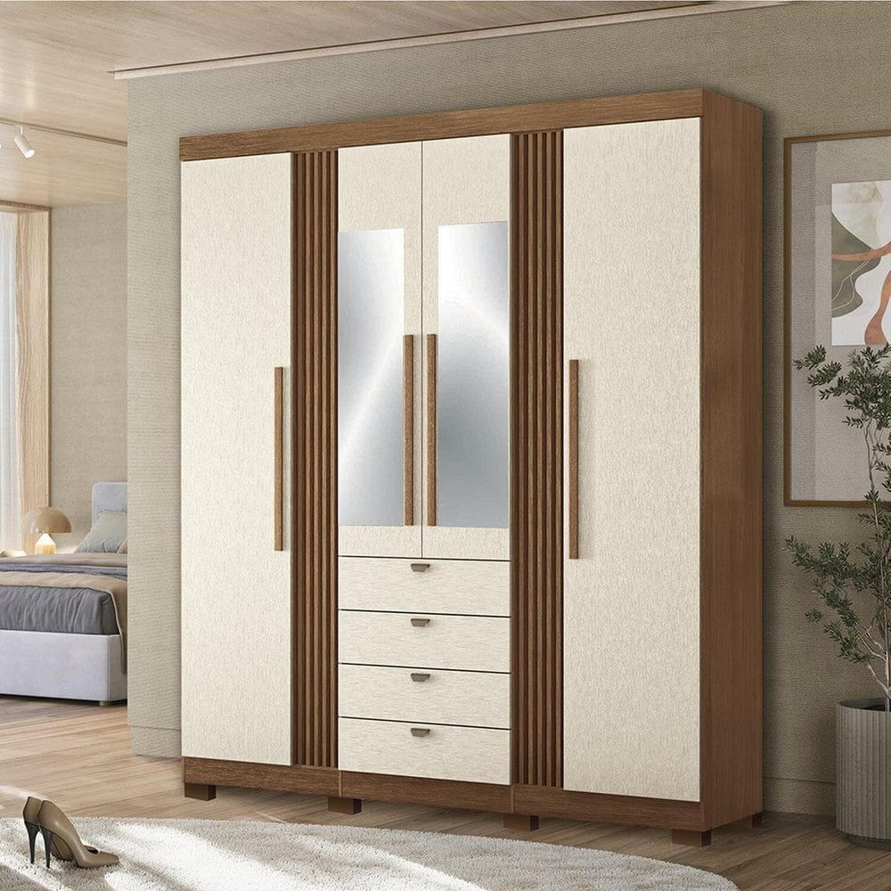 Guarda-roupa 4 Portas 4 Gavetas com Espelho e Pés Mdp Aurora Jatobá/ Areia