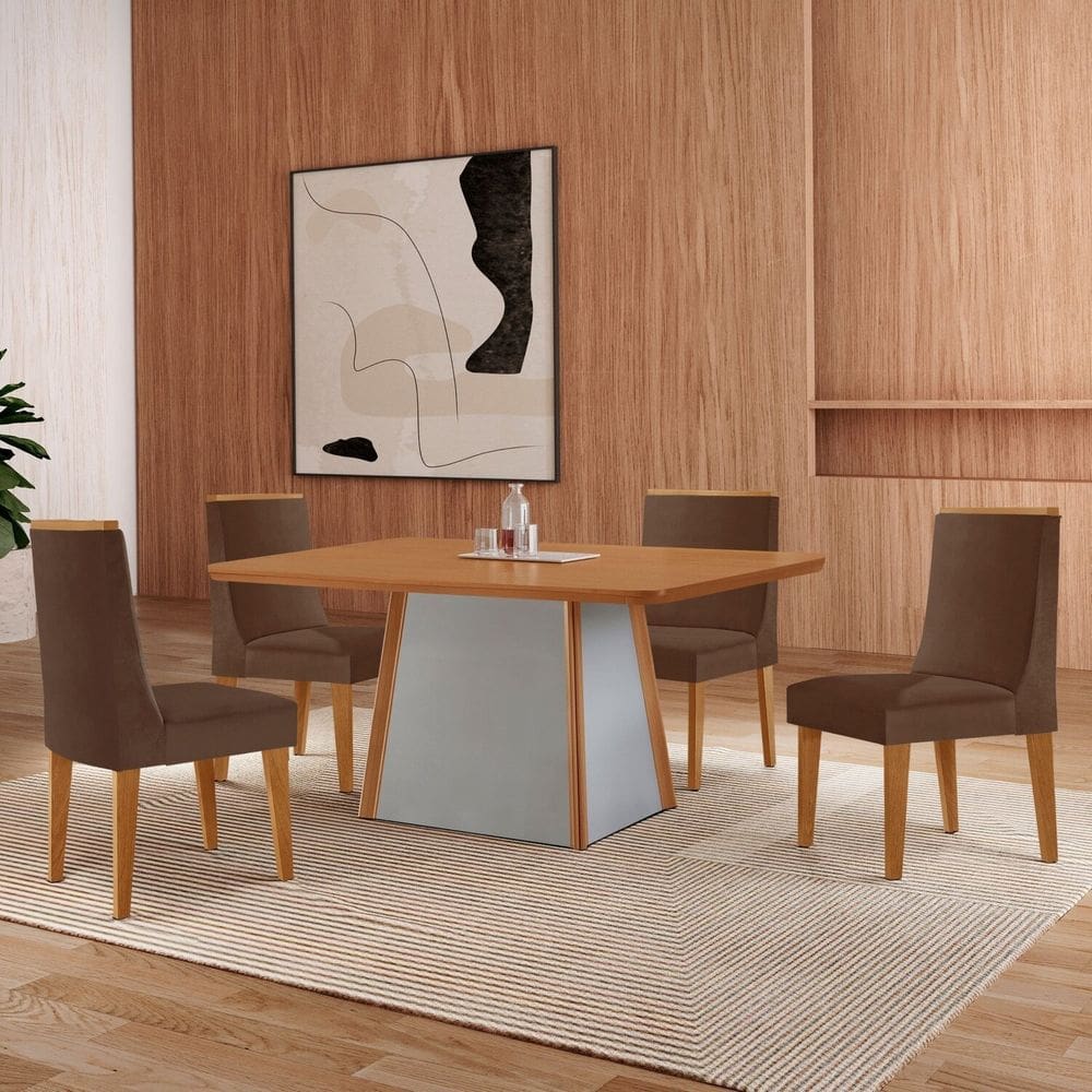 Mesa Merlim 120cm Tampo Mdf Canto Copo e 4 Cadeiras Sena Marrom / Naturalle / Off White