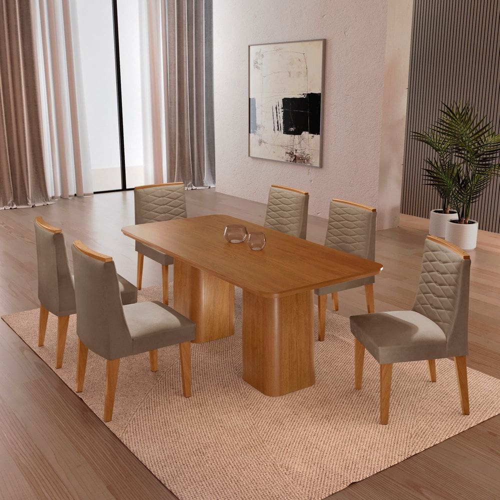 Mesa 180cm Tampo Mdf Canto Copo 6 Cadeiras Sakura Capuccino / Naturalle / Off White