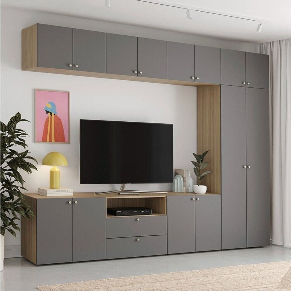 Rack Modular 8 Módulos 14 Portas 2 Gavetas 1 Kit Prateleira Frame CabeCasaMadeiraMadeira Acácia/Grafite
