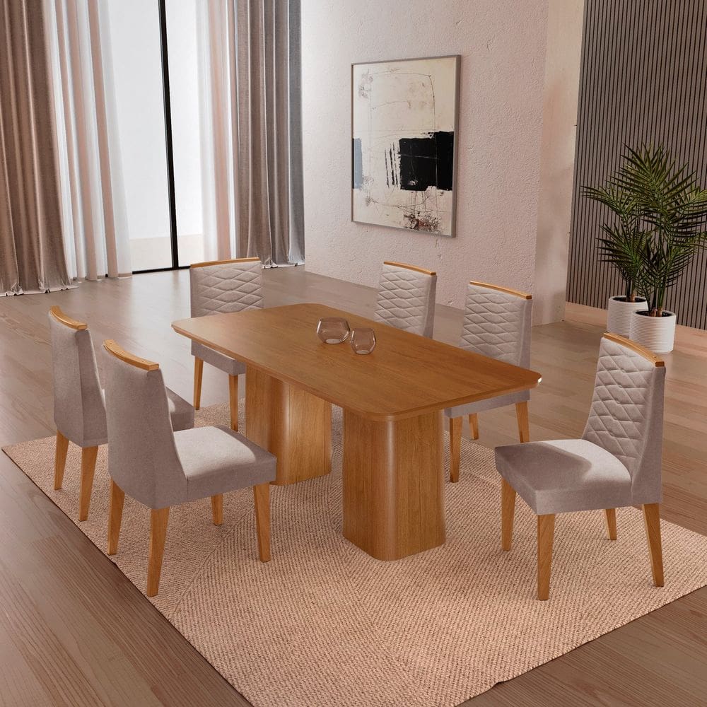 Mesa 180cm Tampo Mdf Canto Copo 6 Cadeiras Sakura Capuccino / Naturalle / Off White