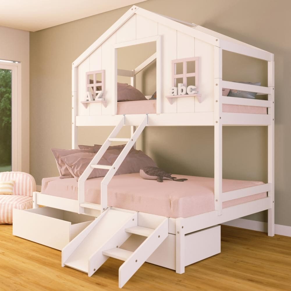 Beliche Casal/ Solteiro Casinha dos Sonhos com Escada/ Escorregador e 02 Gavetas Madeira Maciça Branco/ Rosa Housin