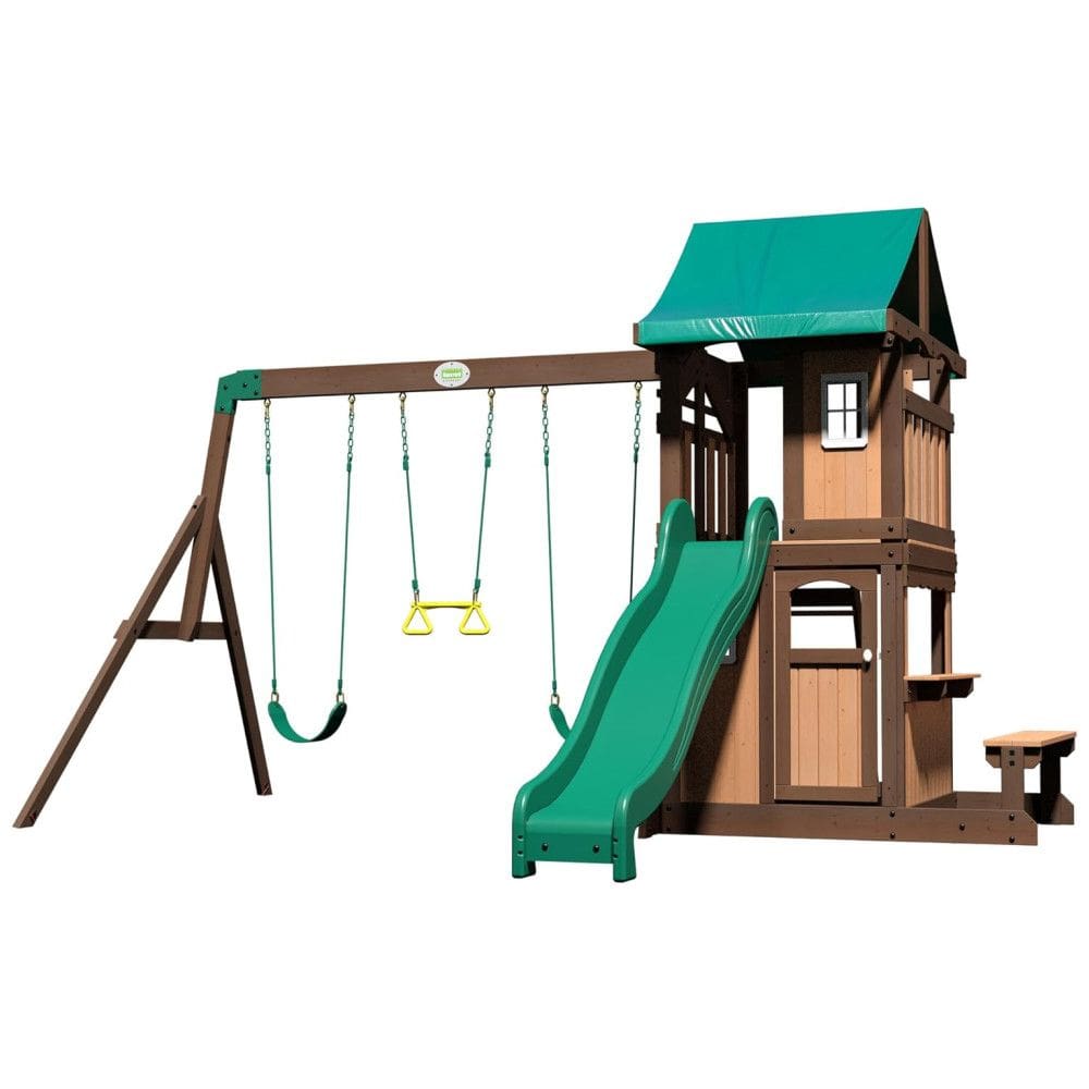 Balanços Backyard Discovery Lakewood em Madeira Cedro, Deck Superior Coberto com Janela Branca, Escorregador com Trilhos, Forte Inferior e