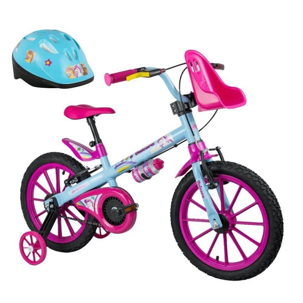 Bicicleta Infantil Menina Aro 16 Unicórnio Com Capacete