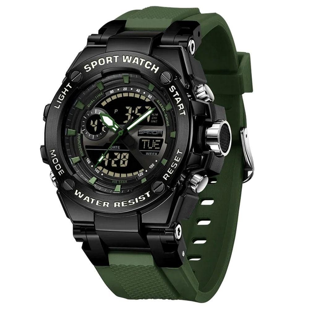 Relógio Dual Display Digital Com Pulseira Silicone Multifuncional Impermeavel Verde