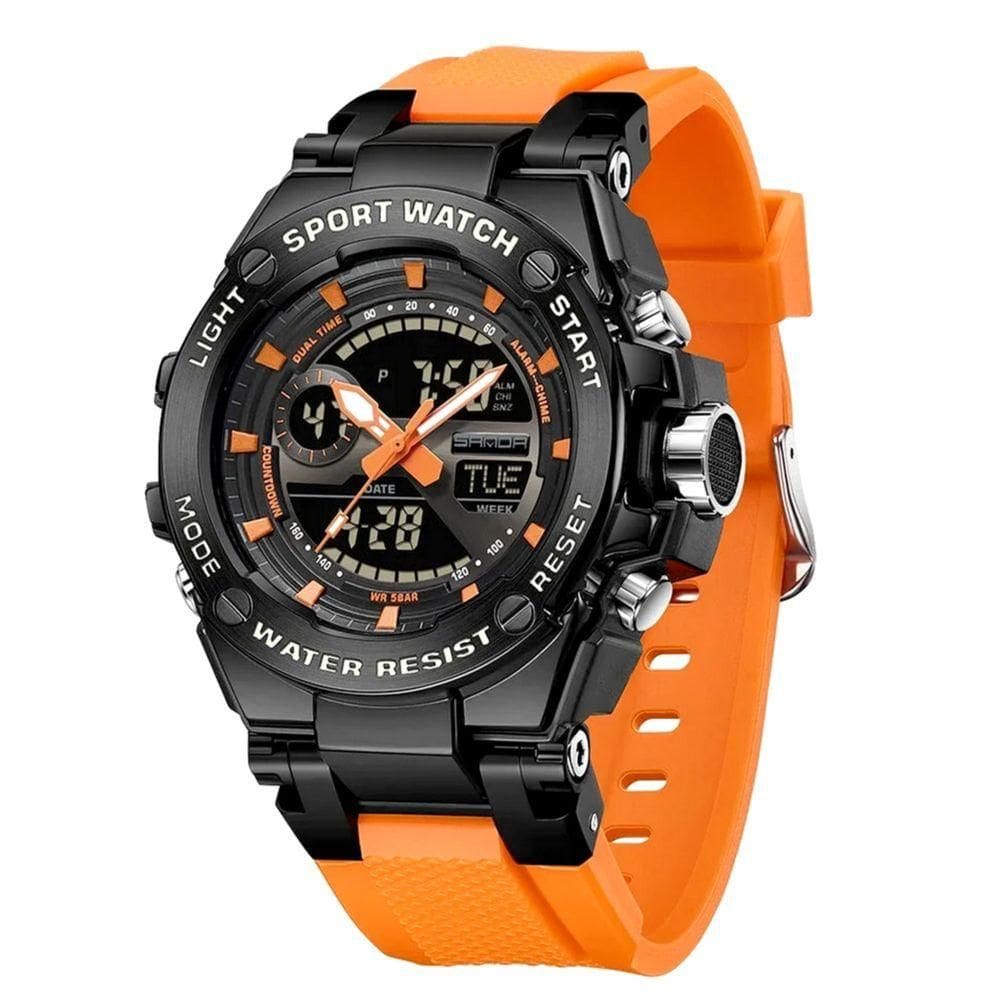 Relógio Dual Display Digital Com Pulseira Silicone Multifuncional Impermeavel Laranja