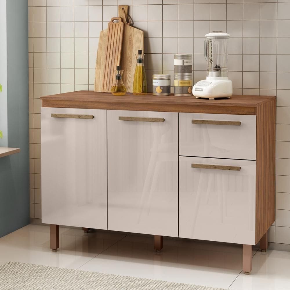 Balcão Cozinha Pop 120cm 3 Portas 1 Gaveta Freijó/Baunilha