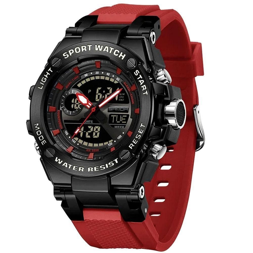 Relógio Dual Display Digital Com Pulseira Silicone Multifuncional Impermeavel Vermelho