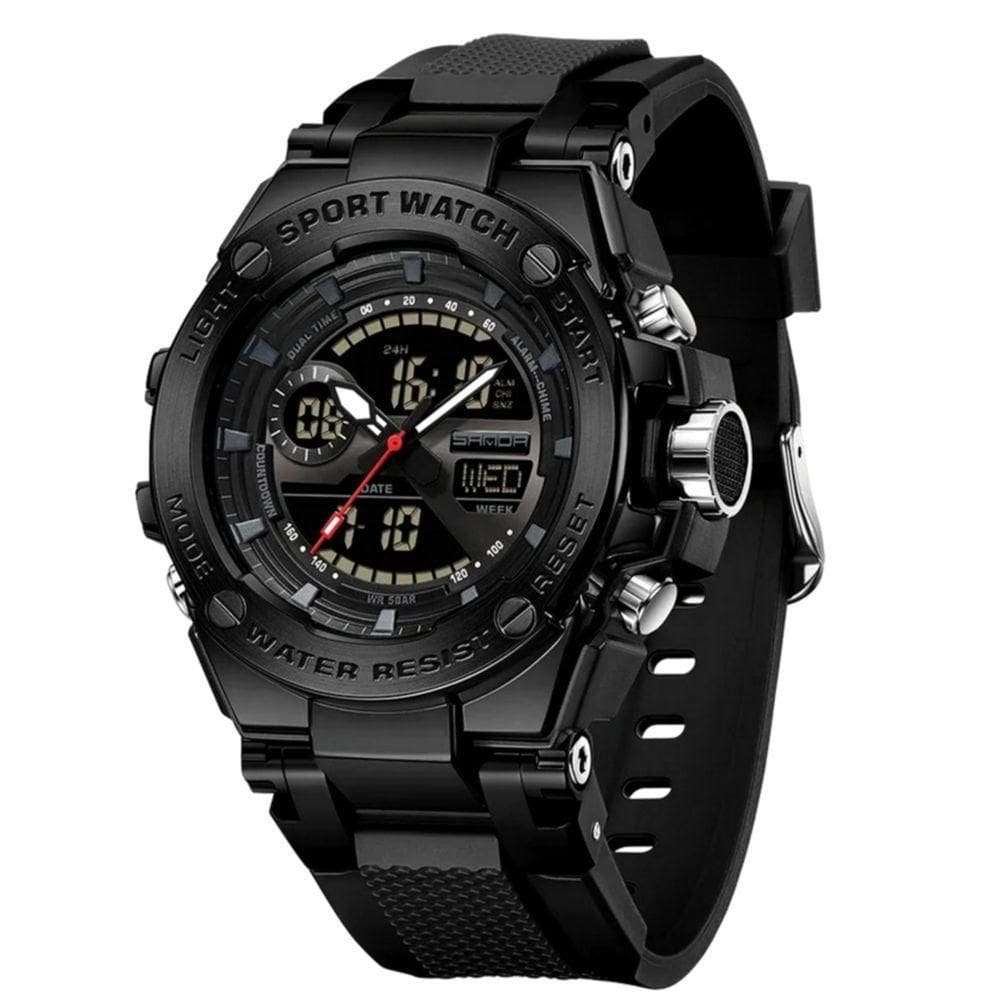 Relógio Dual Display Digital Com Pulseira Silicone Multifuncional Impermeavel Preto Fosco