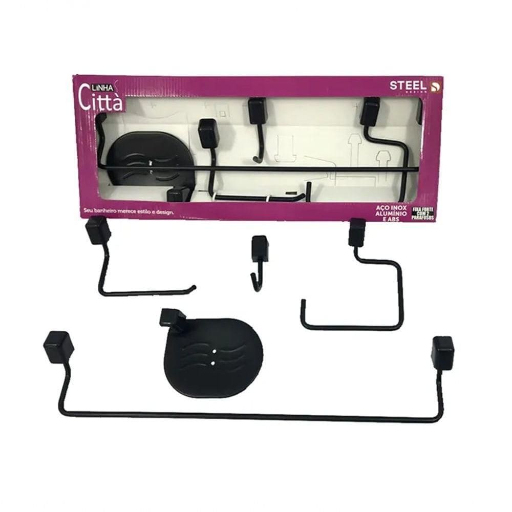 Kit Acessorios Para Banheiro Com 5 Pecas Citta Black - Steel