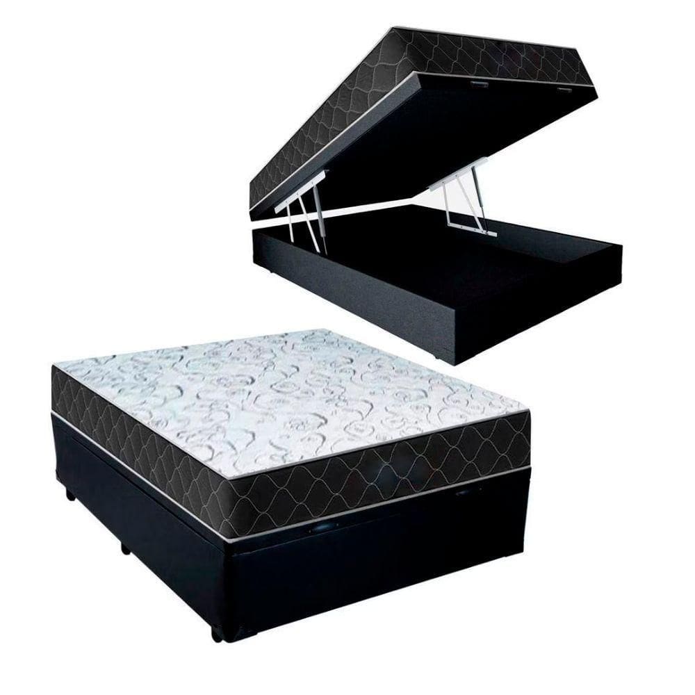 Cama Baú Casal Sintético Preto Com Colchão Espuma D33 Marrocos 30cm