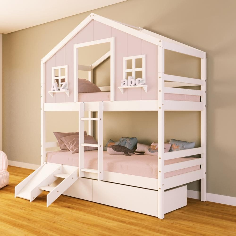 Beliche Casinha dos Sonhos com Escada/ Escorregador e 02 Gavetas Madeira Maciça Rosa/ Branco Housin