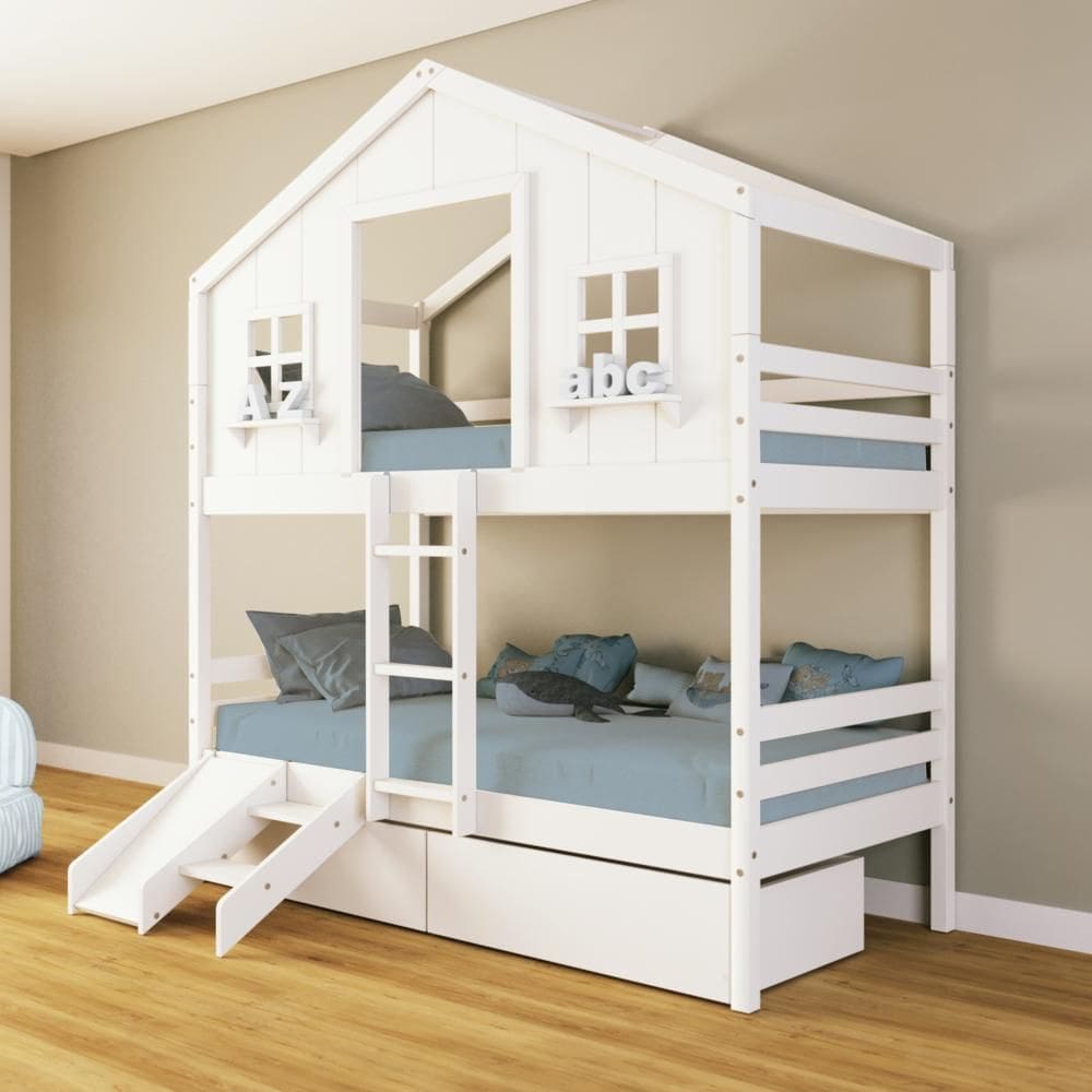 Beliche Casinha dos Sonhos com Escada/ Escorregador e 02 Gavetas Madeira Maciça Branco Housin