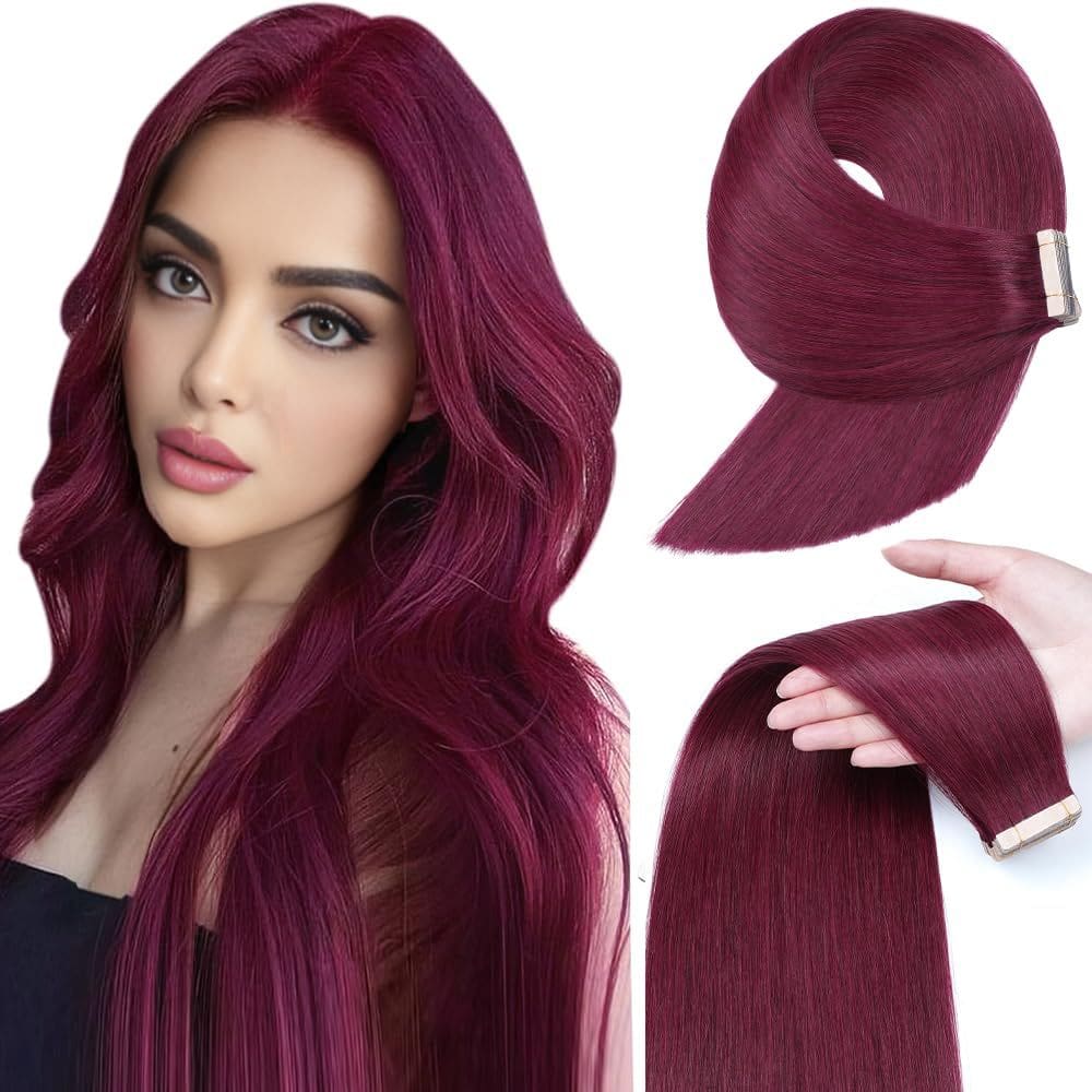 Fita adesiva em extensões de cabelo YDDM 18 polegadas cor de vinho 100% Remy Hair