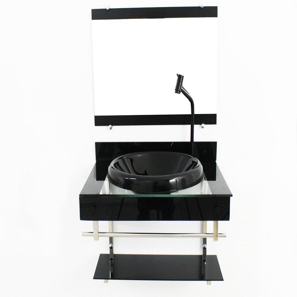 Gabinete De Vidro 60Cm Inox Com Cuba Chapeu - Preto