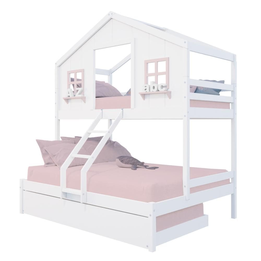 Treliche Casal/ Solteiro Casinha dos Sonhos Madeira Maciça Branco/ Rosa Housin